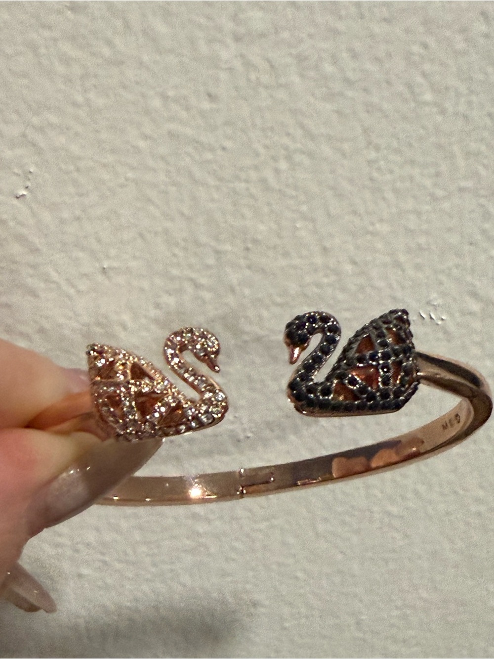 Swan Open Cuff Bracelet in Rose Gold with Black & Pink Swan Accents